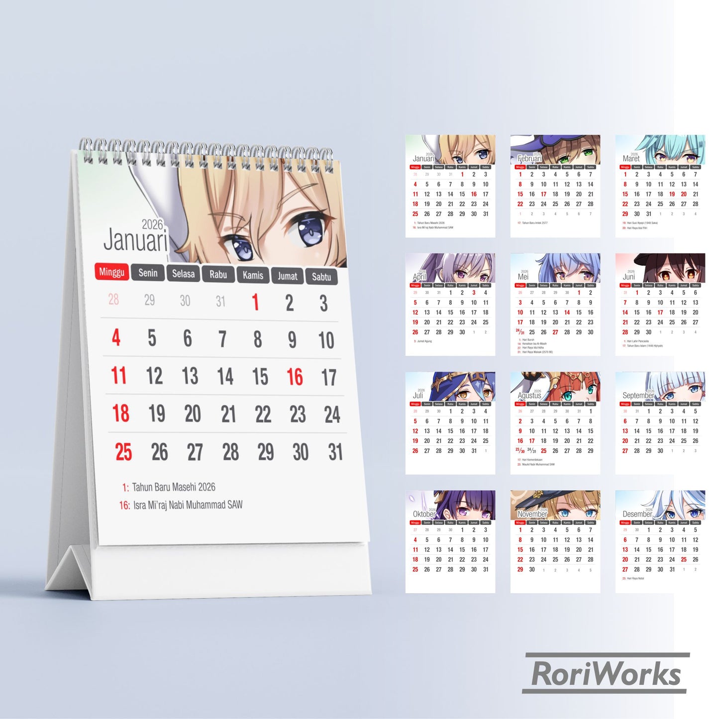 Kalender Meja Mini 2026 - Genshin Impact